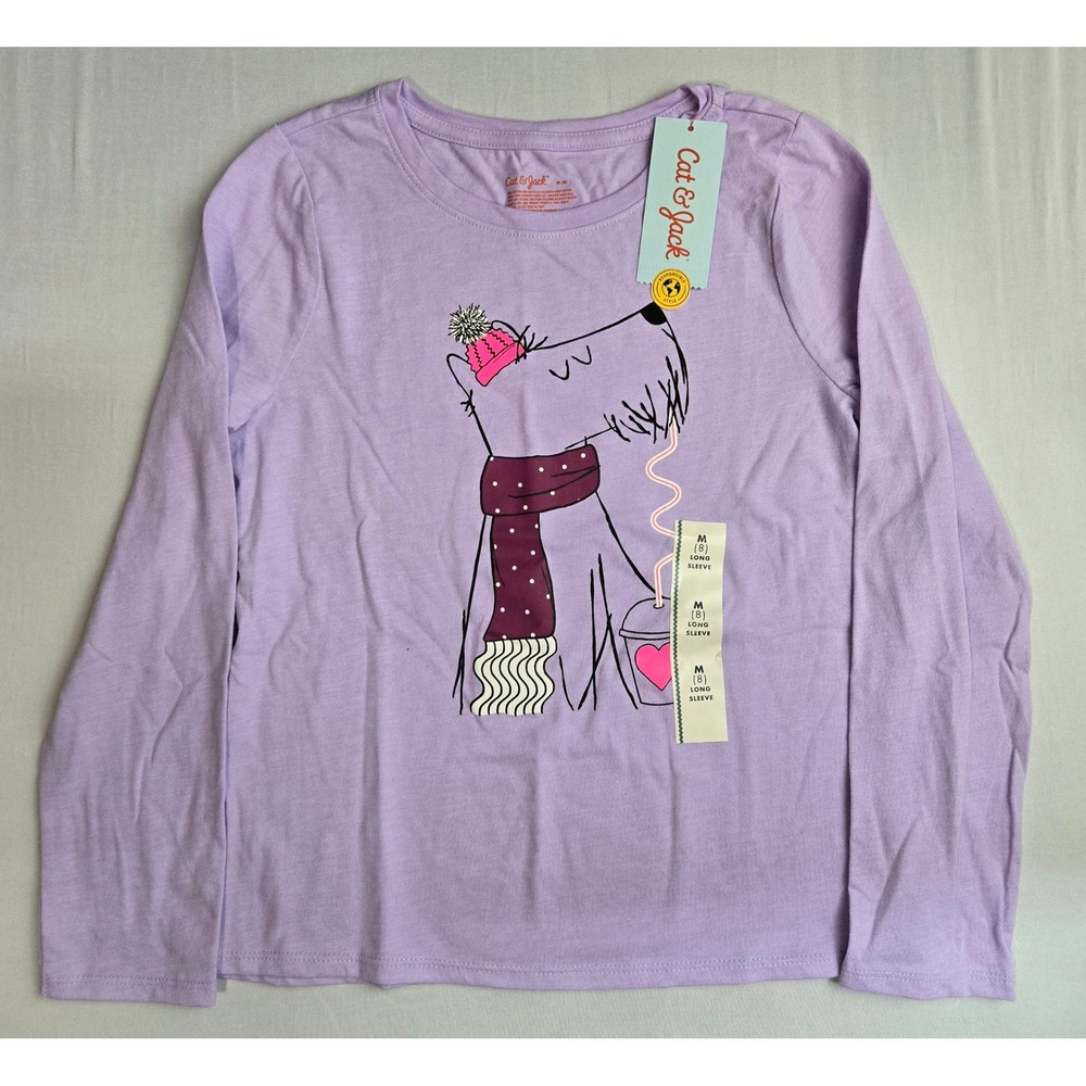 Cat & Jack Girls Purple Long Sleeve Graphic Tee Dog Beanie Scarf Size M 8 NWT